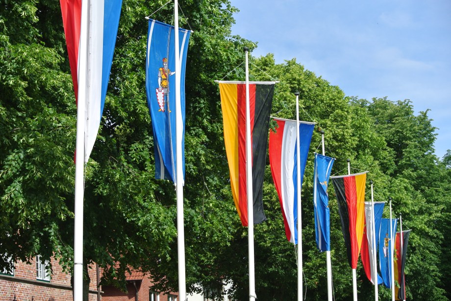 Flags in Bad Bramstedt - Left to right: Holstein, Bramstedt, Germany