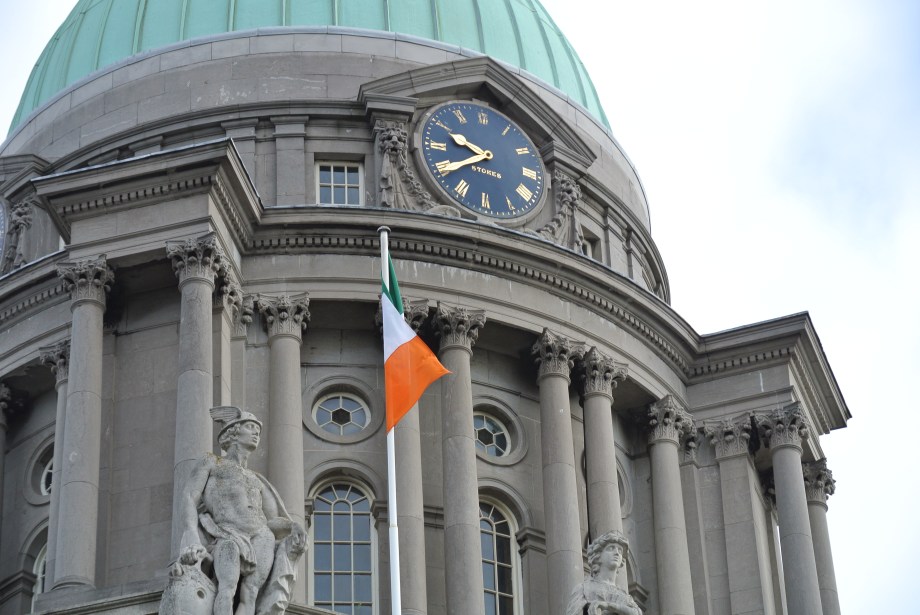 The General Post Office in Dublin, destroyed in the Easter Rising of 1916 and rebuilt some years later. Flying the Irish flag.