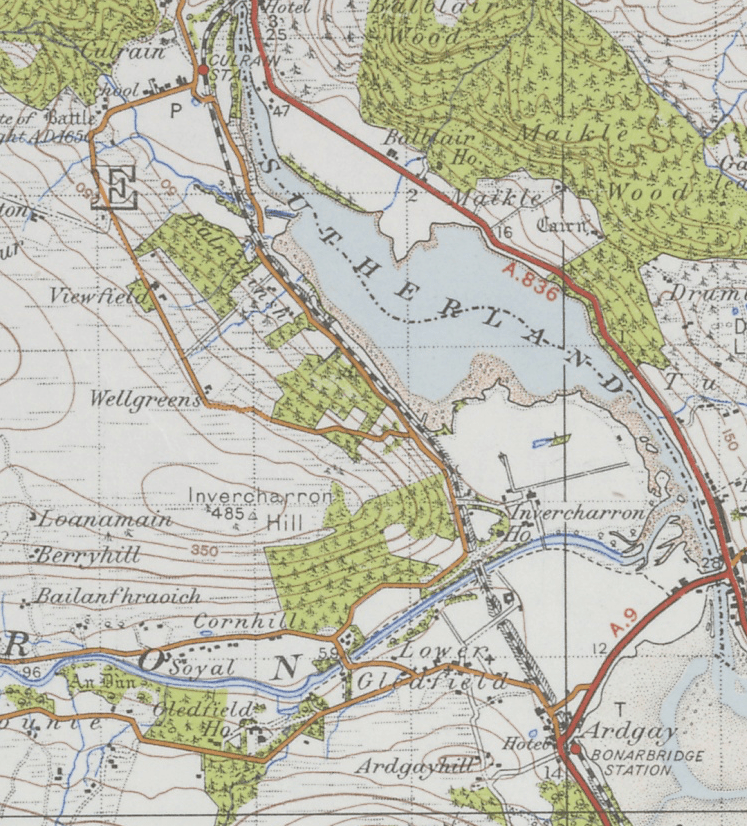 1925 map. The road from Ardgay to Culrain passes through Gledfield before crossing the Carron River. In 1820 the road appears to have followed the present day railway line.